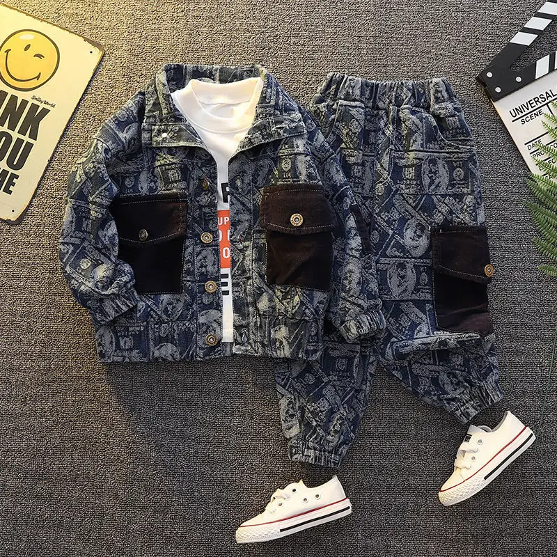 2021 Boys And Girls Suit Spring Autumn Childrens Clothes Fashion Denim Baby Handsome Two-piece Suit(Coat+Pant) | Мать и ребенок