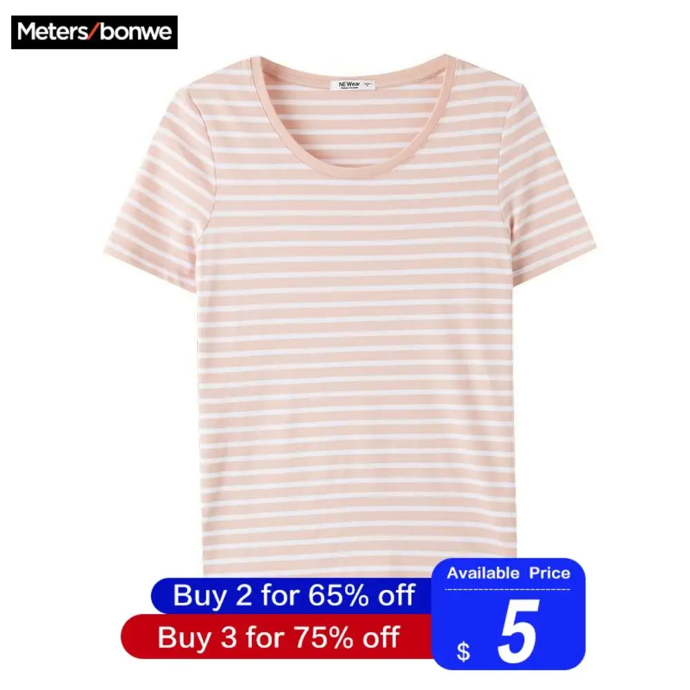 METERSBONWE, футболка для девочек, для женщин, в полоску, с коротким рукавом, летняя, хлопковая футболка с коротким рукавом, нижняя, универсальная, хлопковая