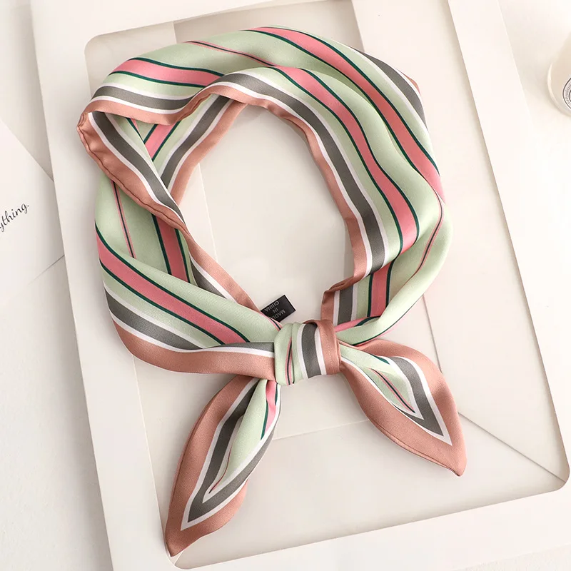 

Women Silk Scarf Small Handle Bag Ribbons Female Head Scarves Sharp Angle Foulard Handkerchief Stripe Print Luxury Designer
