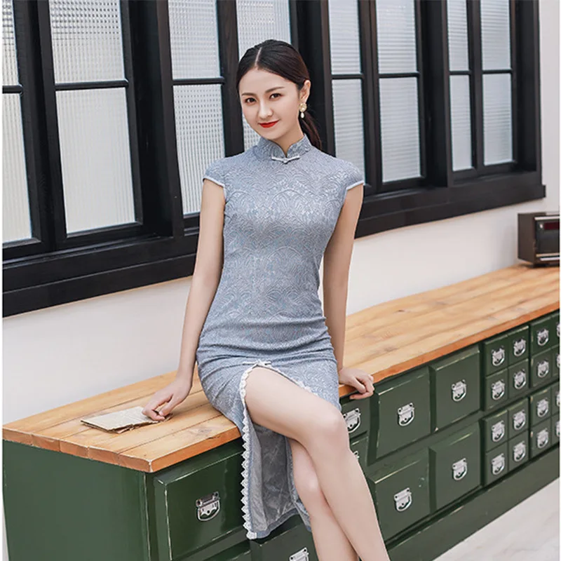 

New Formal Women Lace Qipao Split Sleeveless Stand Collar Dresses Daily Elegent Skirt Slim Silk Dress Girl Long Cheongsam