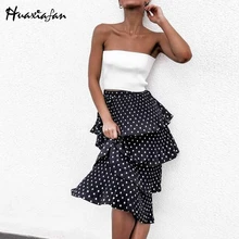 Huaxiafan women long skirts dot print straight midi skirt high waist white black office lady female skirts casual bottoms