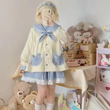 

Sweet Girl Lolita Coat Kawaii Sailor Collar Bow Cute Color Contrast Full Sleeve Single-Breasted Lace Outerweat For New Year 2022