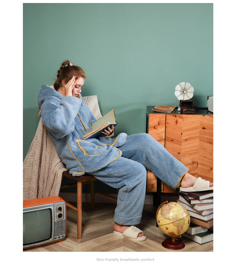 Waliicorners Women Velvet Silk Fleece Gown Hooded Collar Female Cute Thick Velvet Long-sleeved Trousers Women Pajamas Set Silk 11 H1aa86434309c442693c2151aeaa7d0f4l