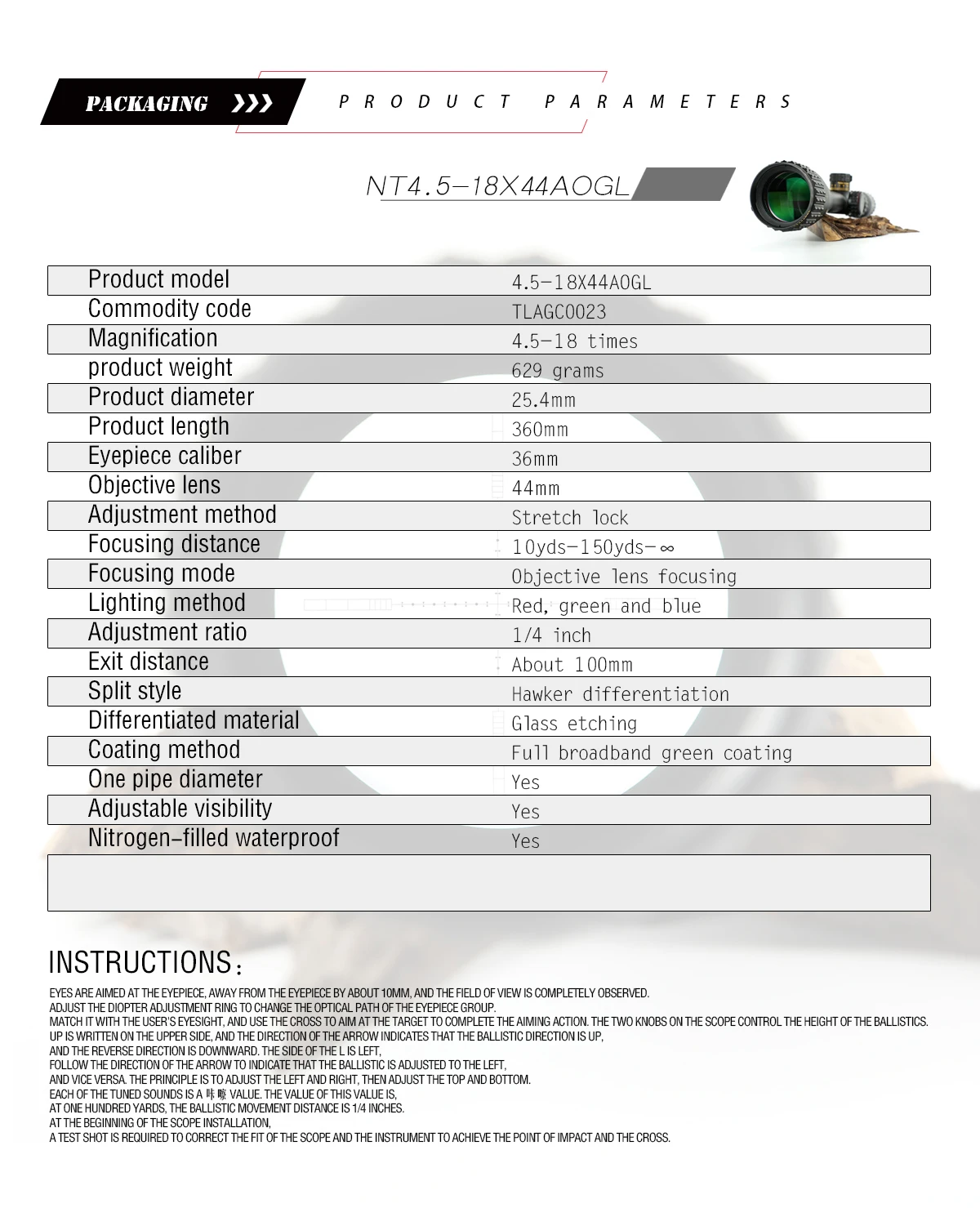 SNIPER NT 4,5-18X44 AOGL прицел тактический оптический прицел полный размер Mil-Dot RGB провод охотничий прицел винтовка с оптическим прицелом Красный точка зрения