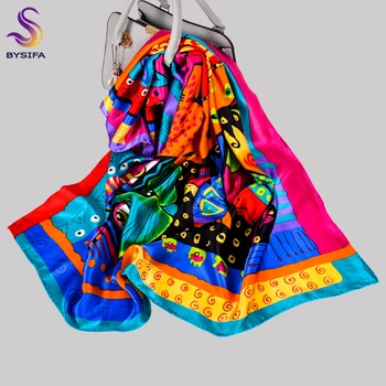 

BYSIFA|Brand Colorful Pure Silk Women Square Scarves New Cat Fish Design Muslim Hijabs Fall Winter 100% Real Silk Scarf 90*90cm