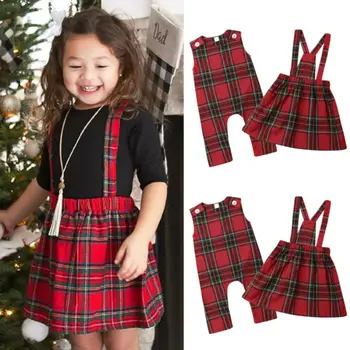 

Christmas Outfits for baby Sister Match Clothing Red Plaid Romper Jumpsuit Suspender Dress One Pieces Xmas Clothes