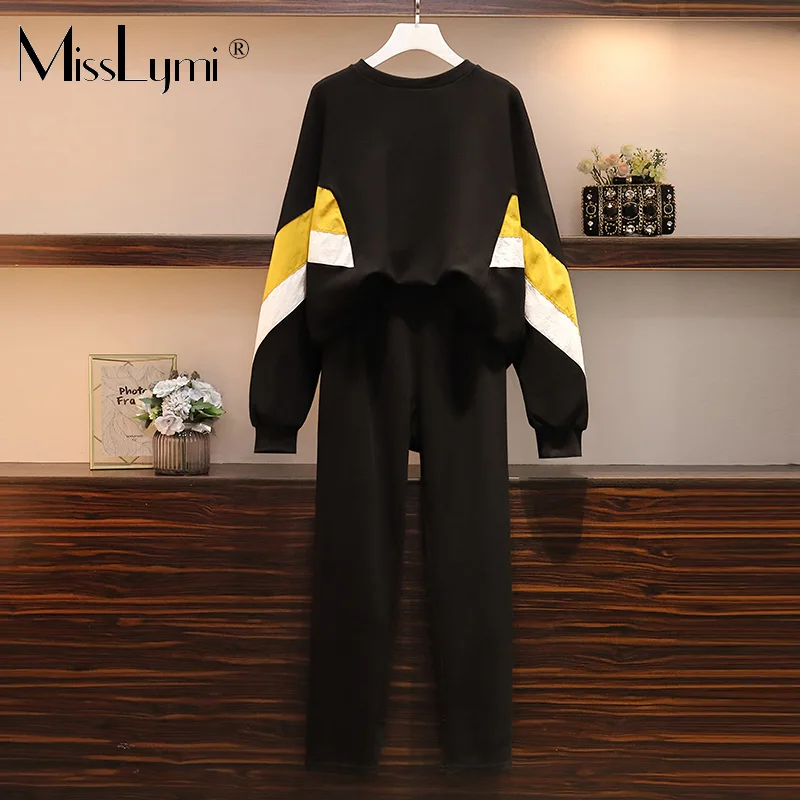 

XL-5XL Plus Size Tracksuit Women Clothes Winter 2019 Fashion Long Sleeve Patchwork Tops and Elastic Waist Pants Two Piece Set