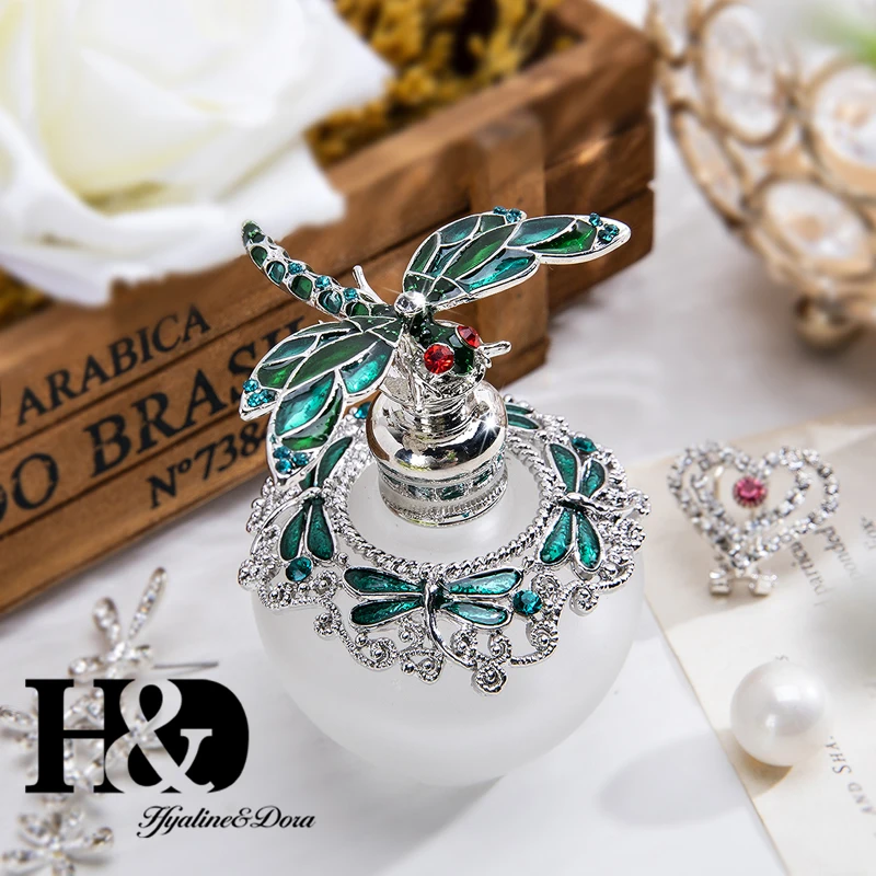 H&D 40ml Fancy Empty Glass Perfume Bottle with Green Dragonfly Stopper Rhinestones Bejeweled Refillable Fragrance Container Gift