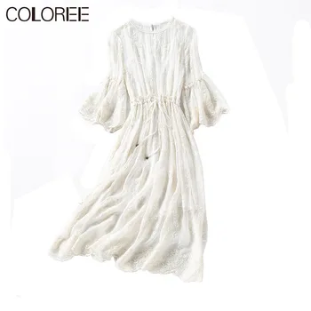 

White Lace Embroidery Silk Dress Women 2020 Summer Vacation Bohemian O-neck Flare Sleeve Pleated Long Beach Dress 100% Silk