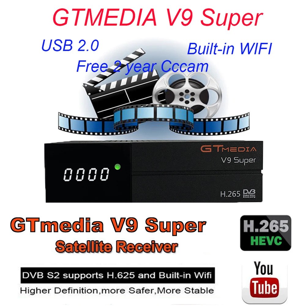 

1080P Full HD GT media V9 Super Europe Cline for 2 Years Satellite TV Receiver H.265 WIFI Same DVB-S2 GTmedia V8 NOVA Receptor