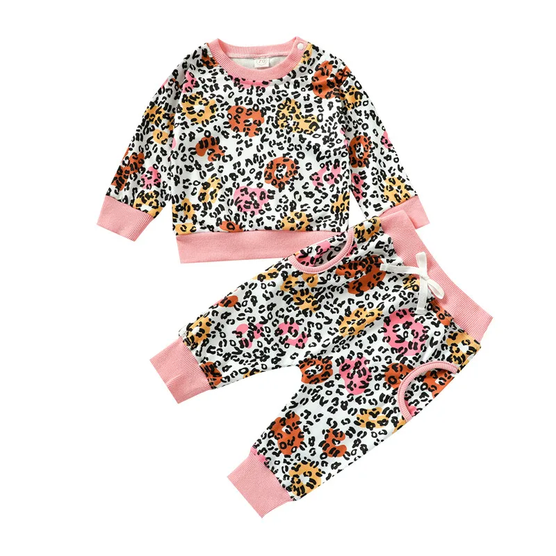 Fall Spring Autumn Baby Leopard Print Clothes Set Girls Long Sleeve O-neck T-shirt Trousers 2pcs Clothing | Детская одежда и обувь
