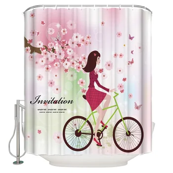 

Shower Curtain Waterproof Polyester With 12 Hooks Girl Bicycle Flower Pink Spring Butterfly