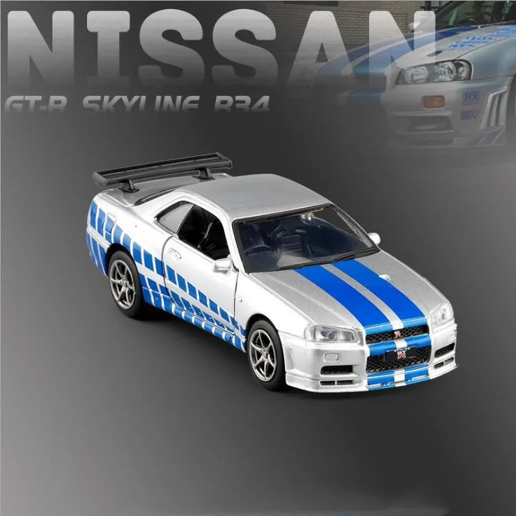 Высокое качество 1:36 Nissan GT-R R34 модель спортивного автомобиля из сплава, модель игрушки из искусственного металла, детские подарки - Цвет: Серебристый