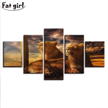 

5 Panel Animal Diamond Painting Diy Lion Illustration Square Round Drill 5D Mosaic Embroidery Cross Stitch Handwork Wallpaper