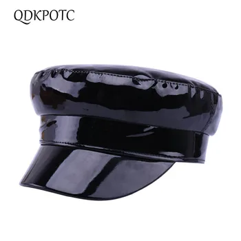 

QDKPOTC 2019 New Autumn Winter Women Hat Fashion PU Patent Leather Military Hats Personality Reflective Leather Navy Cap