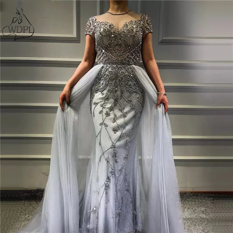 Robe de soiree бусины Русалка Выпускные платья со съемным шлейфом отвесное с коротким рукавом серое кружевное Тюлевое вечернее платье