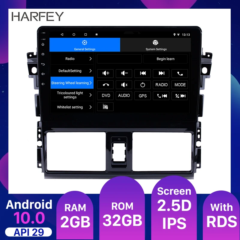 

Harfey Android 10.0 10.1 Inch GPS Head Unit Player Car Radio for 2013 2014 2015 2016 Toyota Vios Mirror Link SWC TPMS