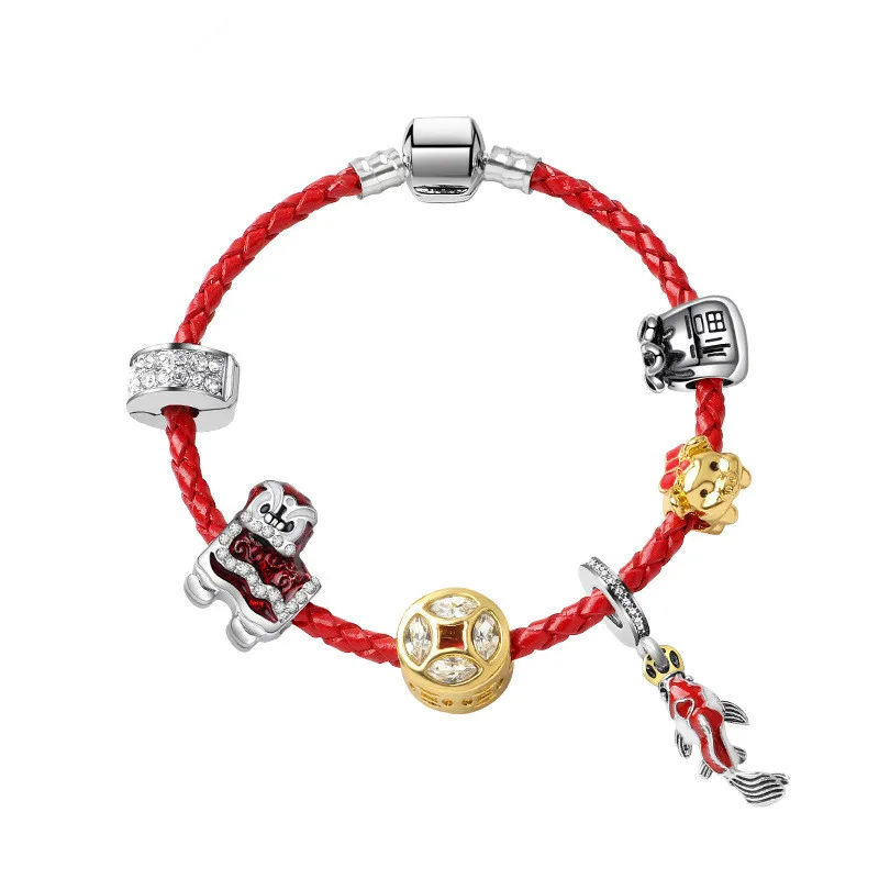 Подарок, более года, подвесной браслет с подвеской в виде карпа DIY, креативная сумка для благословения, поросенок, браслет из красной кожи с бусинами