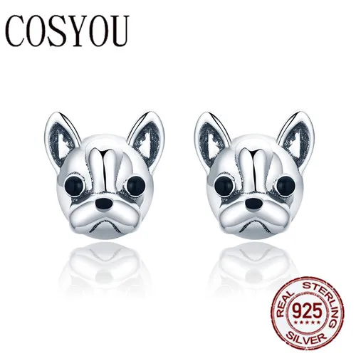 

COSYOU 100% 925 Sterling Silver Loyal Partners French Bulldog Dog Animal Small Stud Earrings for Women Oorbellen Jewelry SCE283