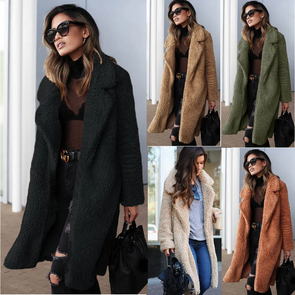 Winter Women Teddy Bear Fur Coat Ladies Knee Long Vintage Jacket Outwear Top bikini cover up