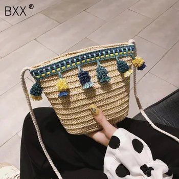

[BXX] Small Tassel Straw Weave Bucket Bags For Women 2020 Summer Shoulder Crossbody Bags Lady Travel Purses and Handbags HL356