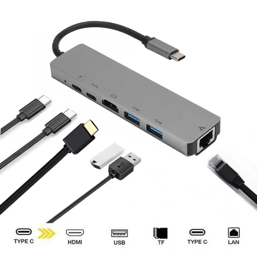 Легкий СЕРОГО МЕТАЛЛА 6 в 1 USB C для Тип поддержкой 3 USB3.0 концентратор HDMI Rj45 Ethernet