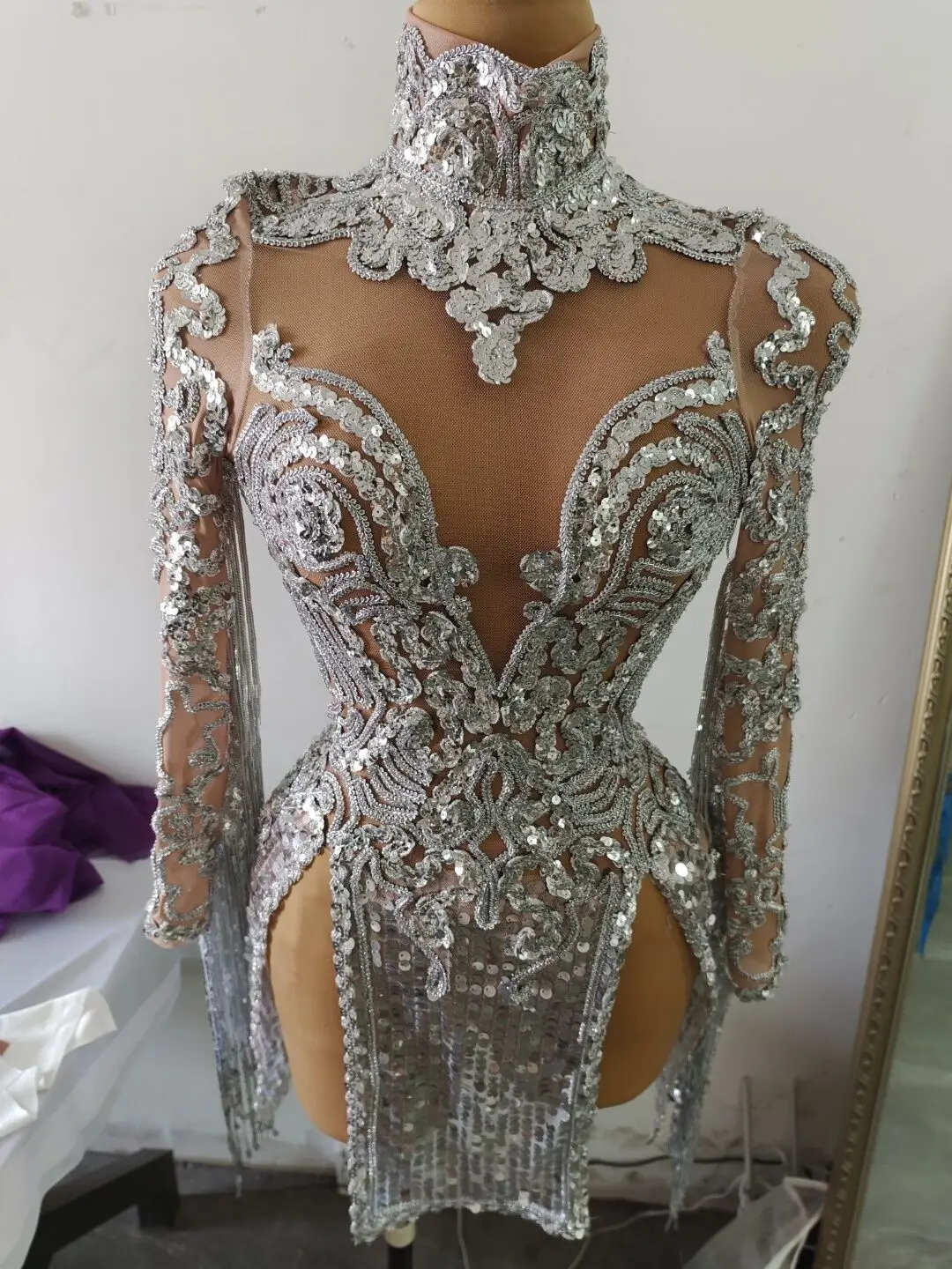 Flashing Silver Sequins Fringes Short Dress Latin Dance Bar Show Transparent Outfit Evening Prom Party High Collar | Тематическая