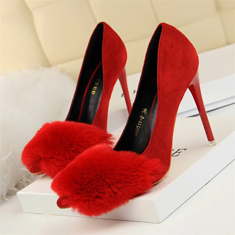 

BIGTREE 1Pair Sexy Woman Thin Heels Concise Sweet Fur Party Wedding Suede Material Ladies Shoes Thin High Heel Woman Pumps Mujer