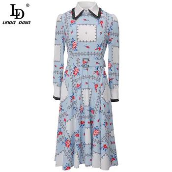 

LD LINDA DELLA Autumn Long sleeve Floral print Vintage Sashes Slim Midi Dress Women Fashion Designer Shirt style Party Dresses