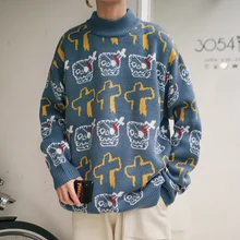 2019 Autumn new pullover trend fashion Cartoon sweater long sleeve mens Thick clothes Japan Style Hip Hop Black Blue 2019 Autumn new pullover trend fashion Cartoon sweater long sleeve mens Thick clothes Japan Style Hip Hop Black Blue