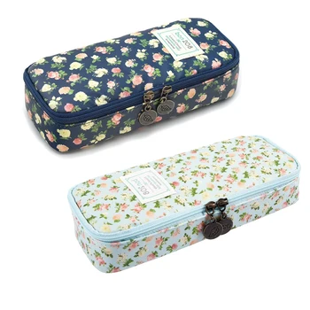 

2 Pcs Pencil Case, Pen Bag Makeup Pouch Zipper Box Office Organizer Rose Floral - Light Blue & Cyan