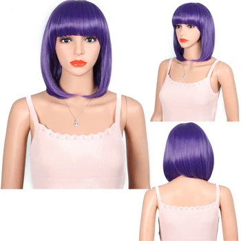 

Short Bob Hair Wigs 12" Straight with Flat Bangs Synthetic Colorful Cosplay Daily Party Wig for Women Natural As Real Hair
