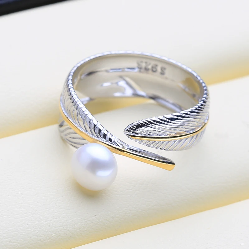 FENASY, 925 пробы, серебряное кольцо, кольца с натуральным пресноводным жемчугом для женщин, серебряное и Золотое женское кольцо в форме листа, хорошее ювелирное изделие