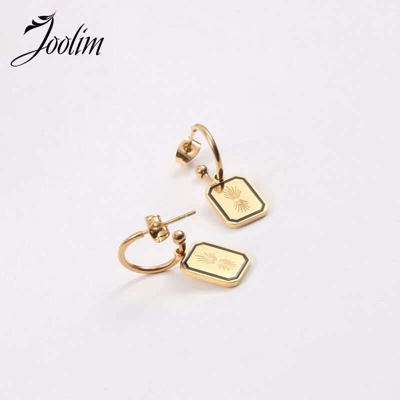 

Joolim Jewelry High End PVD Waterproof & Tarnish Free Minimalist Grass Style Pendant Hoop Stainless Steel Earring for Women