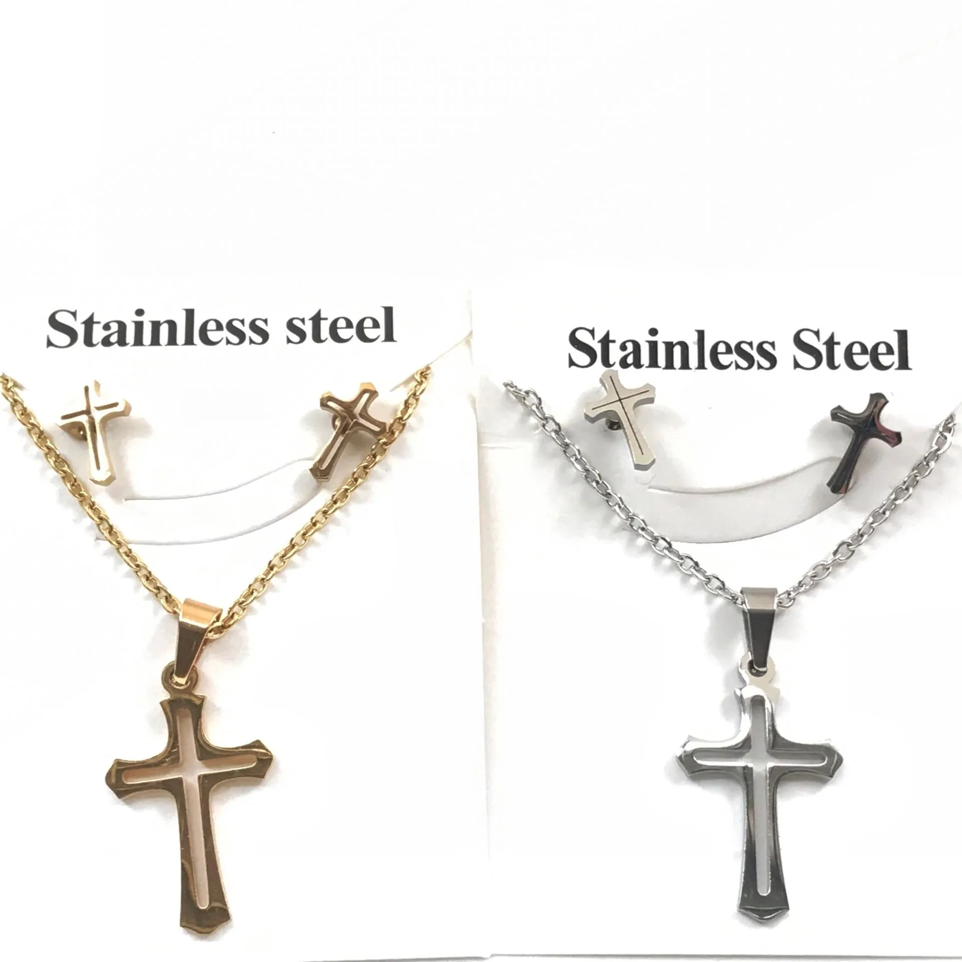cross gold color Stainless Steel Jewelry Sets For Women Moon Star Pendant Necklacae Stud Earrings Fashion Jewelry set Collares Mujer - Окраска металла: cross