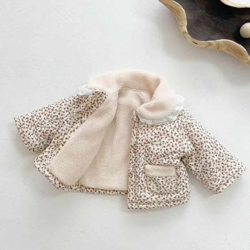Kids jackets Autumn winter children plus velvet flower print cotton coat