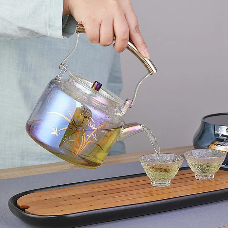 

Iridescent Glass Teapot Kettle with Lid, Removable Stainless Steel Infuser and Handle, Stovetop Tea Maker