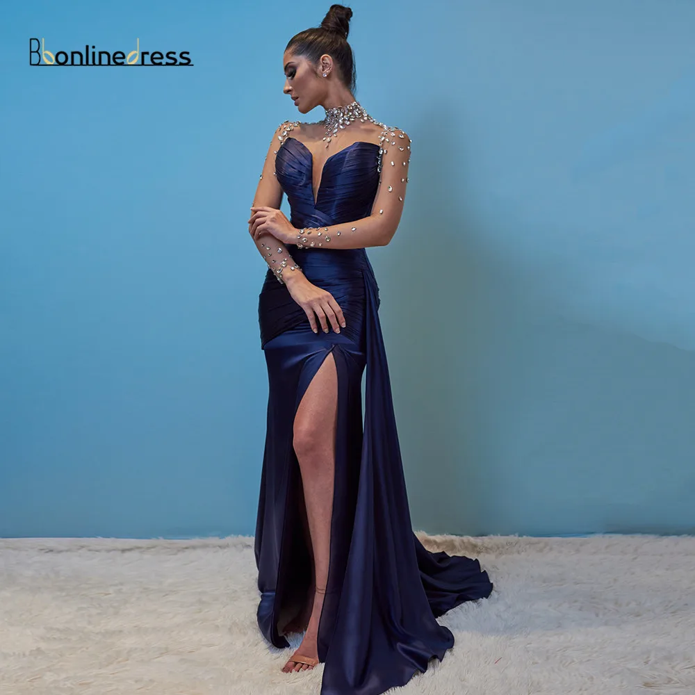 

Elegant Dark Blue Evening Dress 2020 High Collar Sleeve Backless Sexy Mermaid Prom Dress Formal Party Gowns vestidos de festa