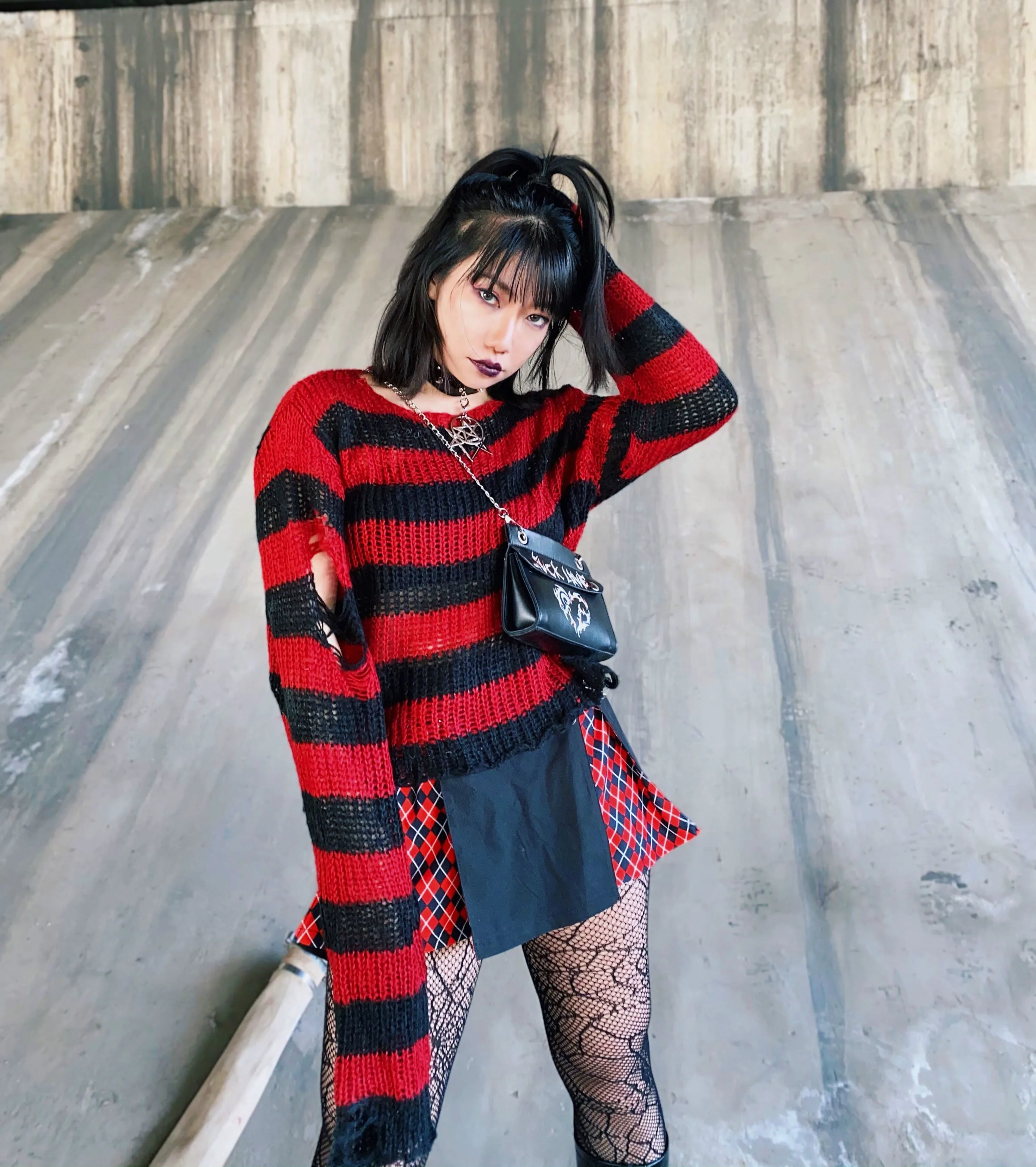 Punk Gothic Short Sweater 2021 Summer Women Sexy Striped Cool Hole Broken Jumper Loose Alt Emo Dark Streetwear Y2k Top Unisex
