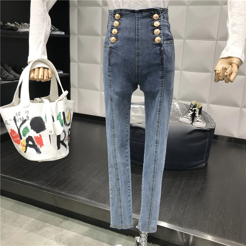 

Fashion Double-row Jeans Women's 2019 New High Waisted Body Pencil Pants Temperament Lady Stretch Denim Pants Jean Trousers
