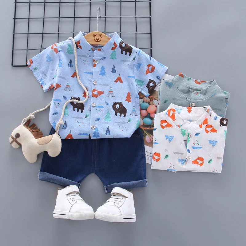 

New 0-4T Baby Boy Clothes Summer Children Baby Boys Cartoon Bear Print Blouse+Denim Shorts Set