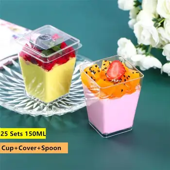 

150ML Square Jelly Cup Disposable Pudding Cup Mini Mousse Cup With Lid Spoon Set For Shop Restaurant Bar(Random Spoon Pattern)
