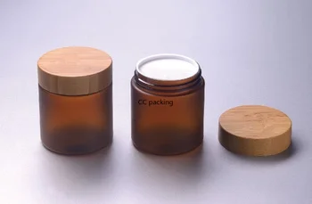 

150g 250g frosted amber PET plastic cosmetic container cream jar with bamboo wooden lids 8oz face cream cosmetics container