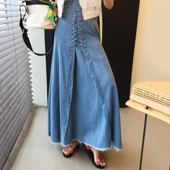 

Denim Skirt Autumn Designer Korean Style Chic Retro High Waist Lace Up Split A-line Harajuku Fashion Long Skirt Women Bottom