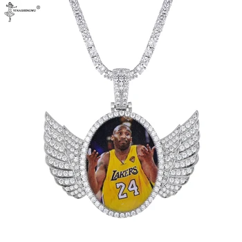 

Custom Made Photo With Sngel Wings Necklace & Pendant Rope Chain Free Gold Silver Color Cubic Zircon Men's Hip Hop Jewelry 50MM