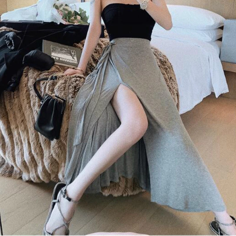 Modal Knitting Long Skirts Elastic Waist Sashes Soft Cotton Jersey Split A-line Ankle Long Skirts