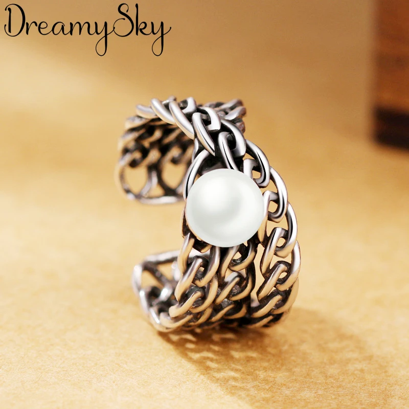 DreamySky Boho 925 пробы серебряные кольца с искусственным жемчугом для женщин ювелирные изделия ретро большие античные кольца для девочек рождественские подарки Anillos