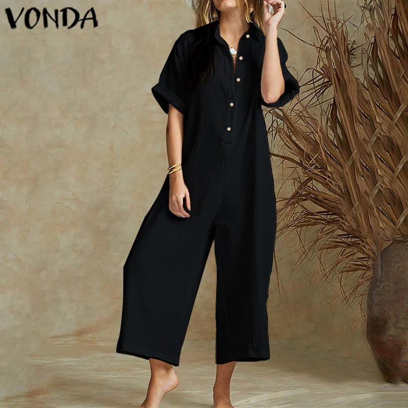 VONDA Vintage Wide Leg Pants Female 2020 Summer Rompers Women Jumpsuits Short Sleeve Plus Size Playsuits Elegant Solid Overalls VONDA Vintage Wide Leg Pants Female 2020 Summer Rompers Women Jumpsuits Short Sleeve Plus Size Playsuits Elegant Solid Overalls