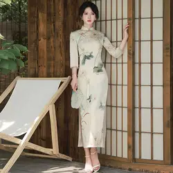 Cheongsam Dress Women's Plus Size qipao 2022 Spring Fashion Cotton Blend Prints Chinese Style Slim Fit Split Qipao Dresses Woman