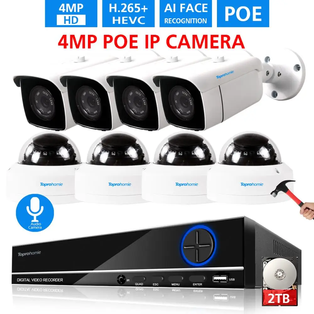 TOPROHOMIE H.265 + POE Система 8CH NVR с 4MP 2592*1520 безопасности наружная аудио запись звука IP